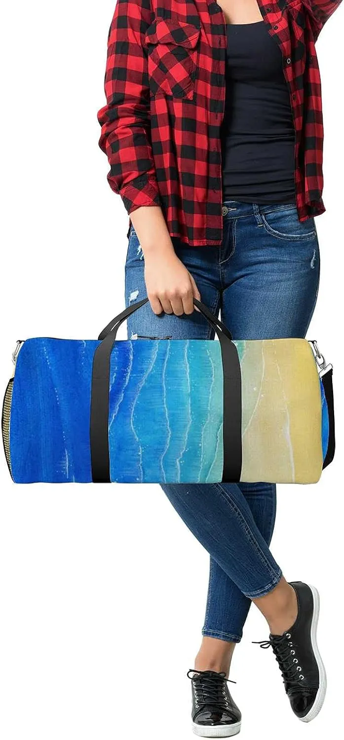 Blue Sea Sand Beach Sports Duffel Bag Travel Gym Tote Bags Lightweight Durable Shoulder Strap Waterproof Polyester Outside Mesh Pocket Overnight Trip Duffel Bag for Women Men