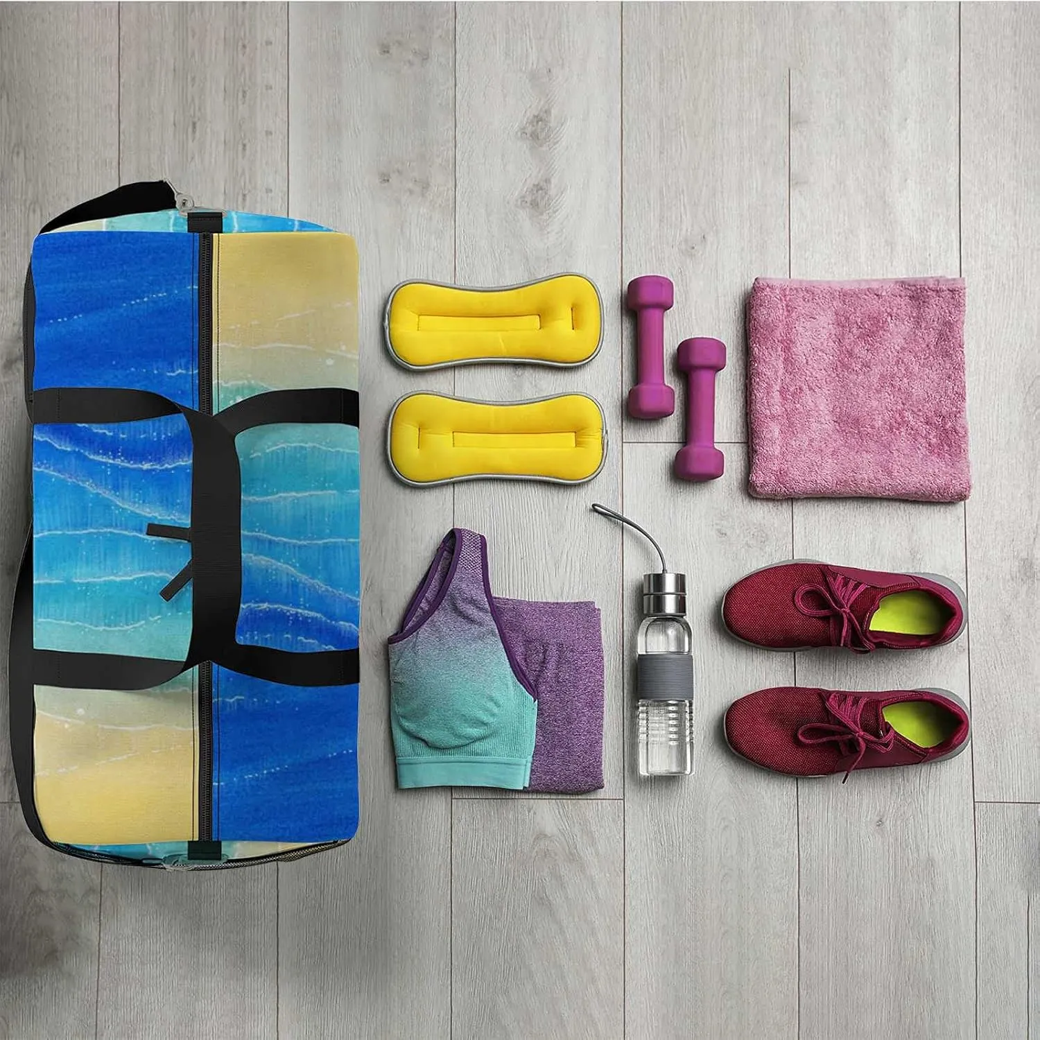 Blue Sea Sand Beach Sports Duffel Bag Travel Gym Tote Bags Lightweight Durable Shoulder Strap Waterproof Polyester Outside Mesh Pocket Overnight Trip Duffel Bag for Women Men