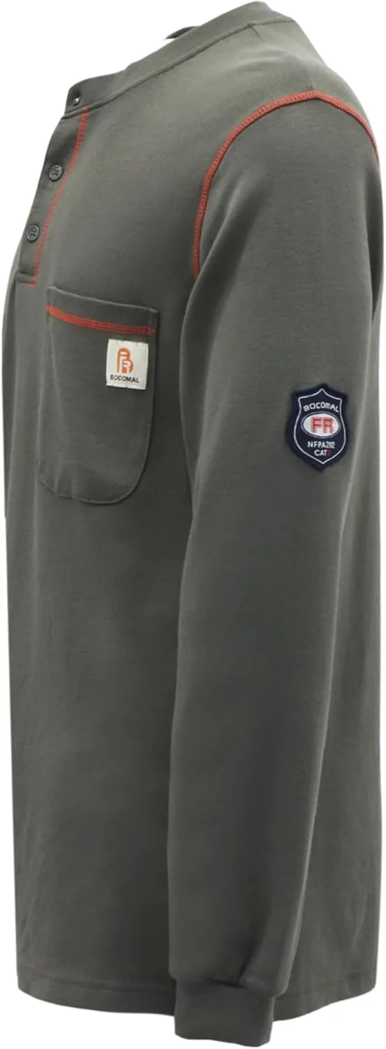 BOCOMAL FR Shirts Flame Resistant Henley Shirt NFPA2112/CAT2 7oz Men's Long Sleeve Fire Retardant Clothing