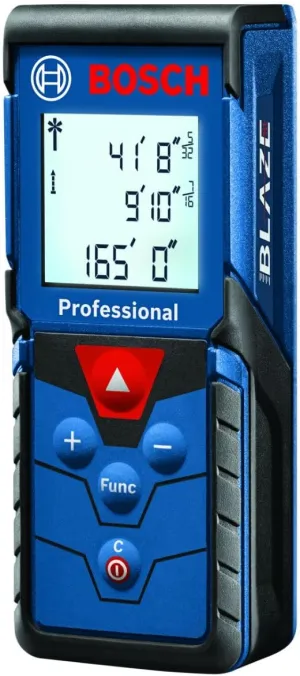 BOSCH GLM165-40 Blaze 165 Ft Laser Distance Measure, Includes 2 AAA Batteries, Hand Strap, Target Cards, & Pouch