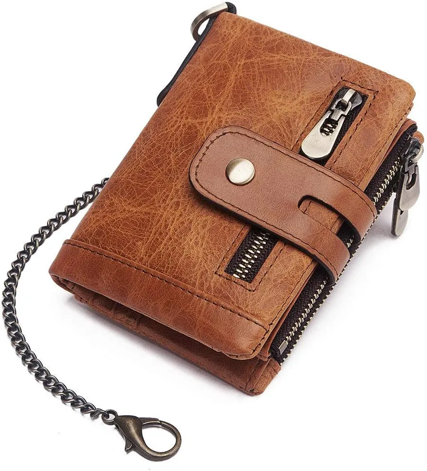 boshiho Real Leather RFID Blocking Bifold Wallets for Men Double Zipper Coin Pocket Purse with Anti-Theft Chain