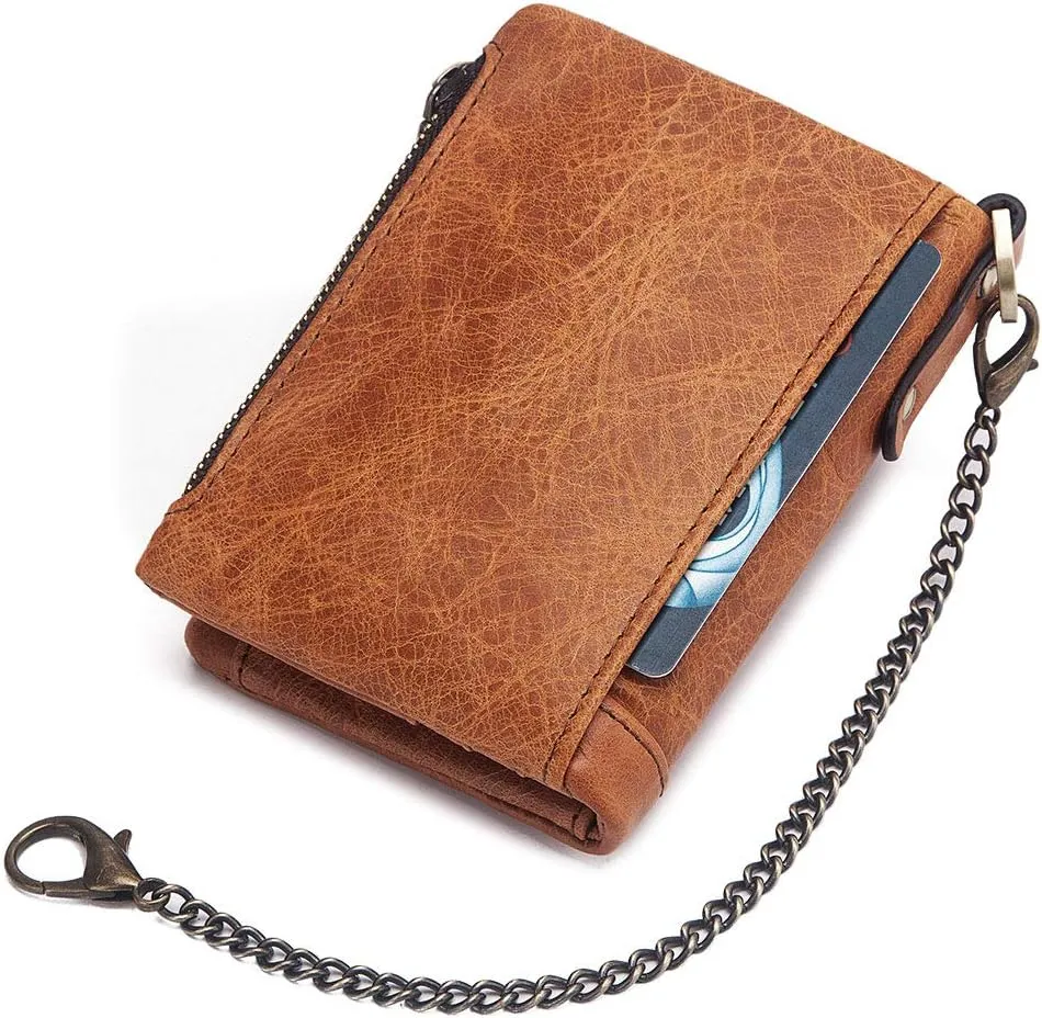 boshiho Real Leather RFID Blocking Bifold Wallets for Men Double Zipper Coin Pocket Purse with Anti-Theft Chain