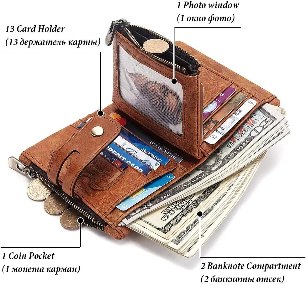 boshiho Real Leather RFID Blocking Bifold Wallets for Men Double Zipper Coin Pocket Purse with Anti-Theft Chain