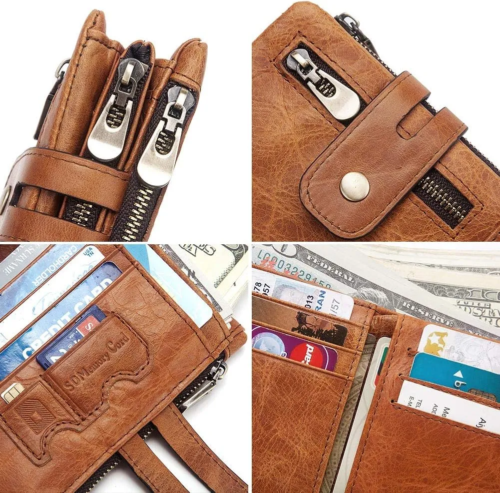 boshiho Real Leather RFID Blocking Bifold Wallets for Men Double Zipper Coin Pocket Purse with Anti-Theft Chain