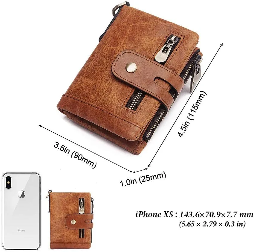 boshiho Real Leather RFID Blocking Bifold Wallets for Men Double Zipper Coin Pocket Purse with Anti-Theft Chain