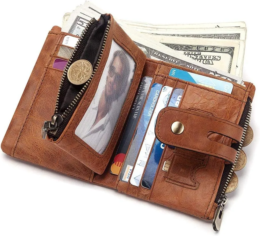 boshiho Real Leather RFID Blocking Bifold Wallets for Men Double Zipper Coin Pocket Purse with Anti-Theft Chain