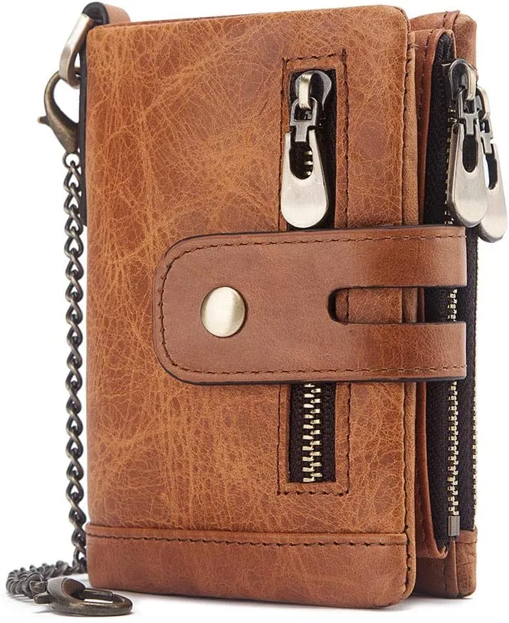 boshiho Real Leather RFID Blocking Bifold Wallets for Men Double Zipper Coin Pocket Purse with Anti-Theft Chain
