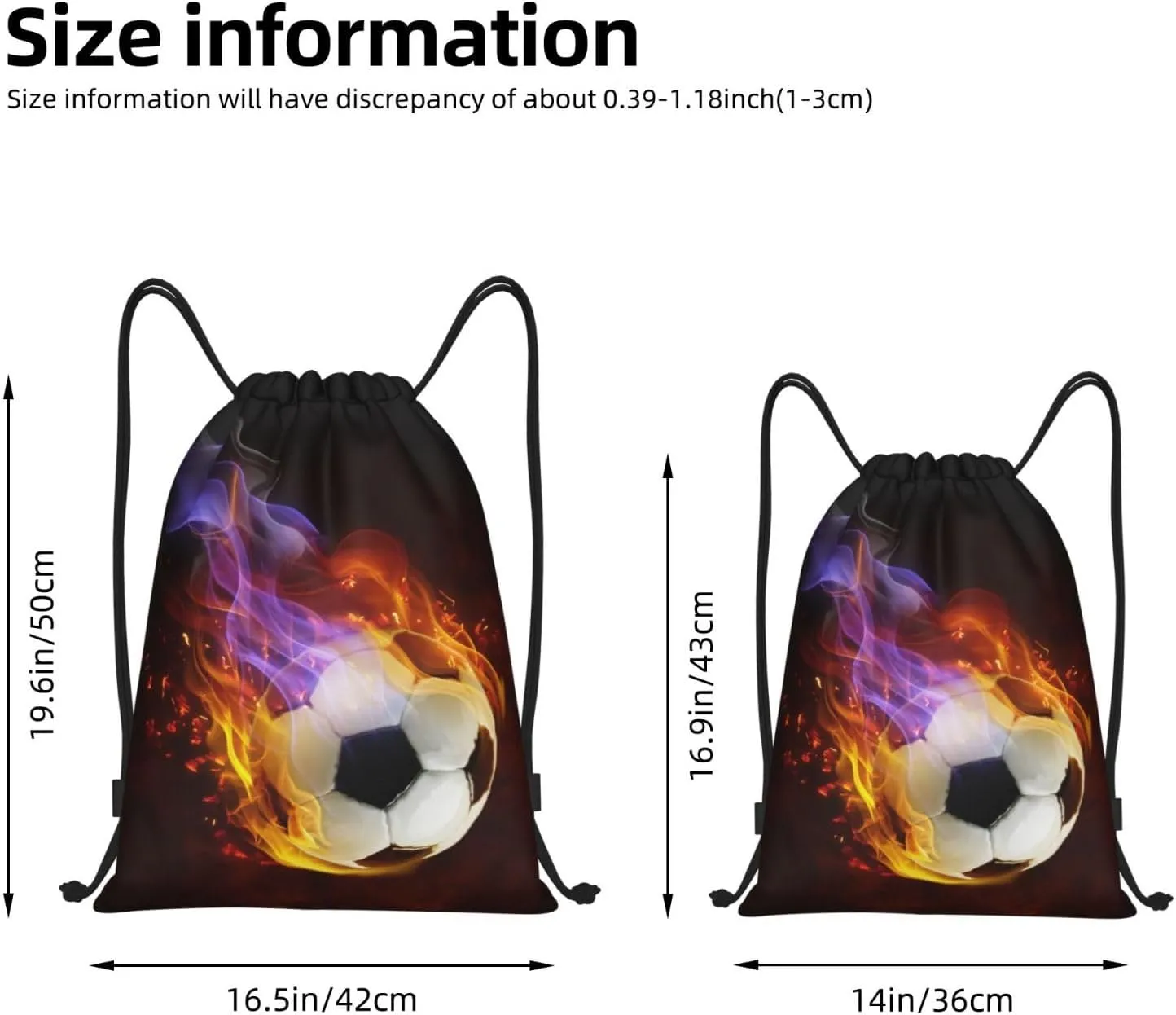 Boys Drawstring Bags with Fire Soccer Ball, Cool Sports Drawstring Backpack for Teens Boys Girls Adults Women Men, Black Daypack Bag for Work Gym Swim Travel Hiking School, Medium