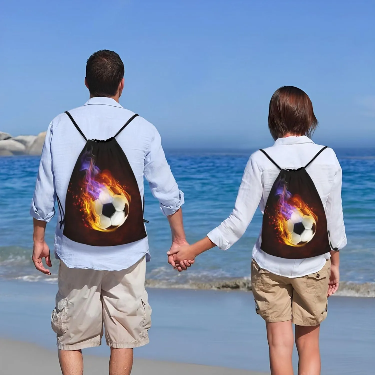 Boys Drawstring Bags with Fire Soccer Ball, Cool Sports Drawstring Backpack for Teens Boys Girls Adults Women Men, Black Daypack Bag for Work Gym Swim Travel Hiking School, Medium