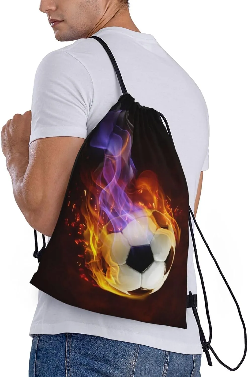 Boys Drawstring Bags with Fire Soccer Ball, Cool Sports Drawstring Backpack for Teens Boys Girls Adults Women Men, Black Daypack Bag for Work Gym Swim Travel Hiking School, Medium