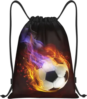 Boys Drawstring Bags with Fire Soccer Ball, Cool Sports Drawstring Backpack for Teens Boys Girls Adults Women Men, Black Daypack Bag for Work Gym Swim Travel Hiking School, Medium