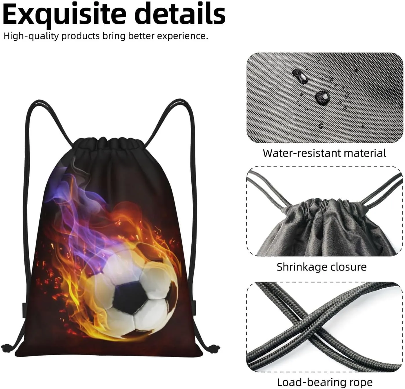 Boys Drawstring Bags with Fire Soccer Ball, Cool Sports Drawstring Backpack for Teens Boys Girls Adults Women Men, Black Daypack Bag for Work Gym Swim Travel Hiking School, Medium