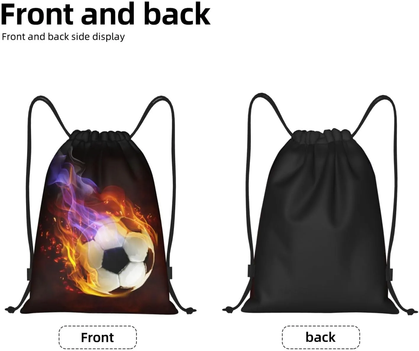 Boys Drawstring Bags with Fire Soccer Ball, Cool Sports Drawstring Backpack for Teens Boys Girls Adults Women Men, Black Daypack Bag for Work Gym Swim Travel Hiking School, Medium