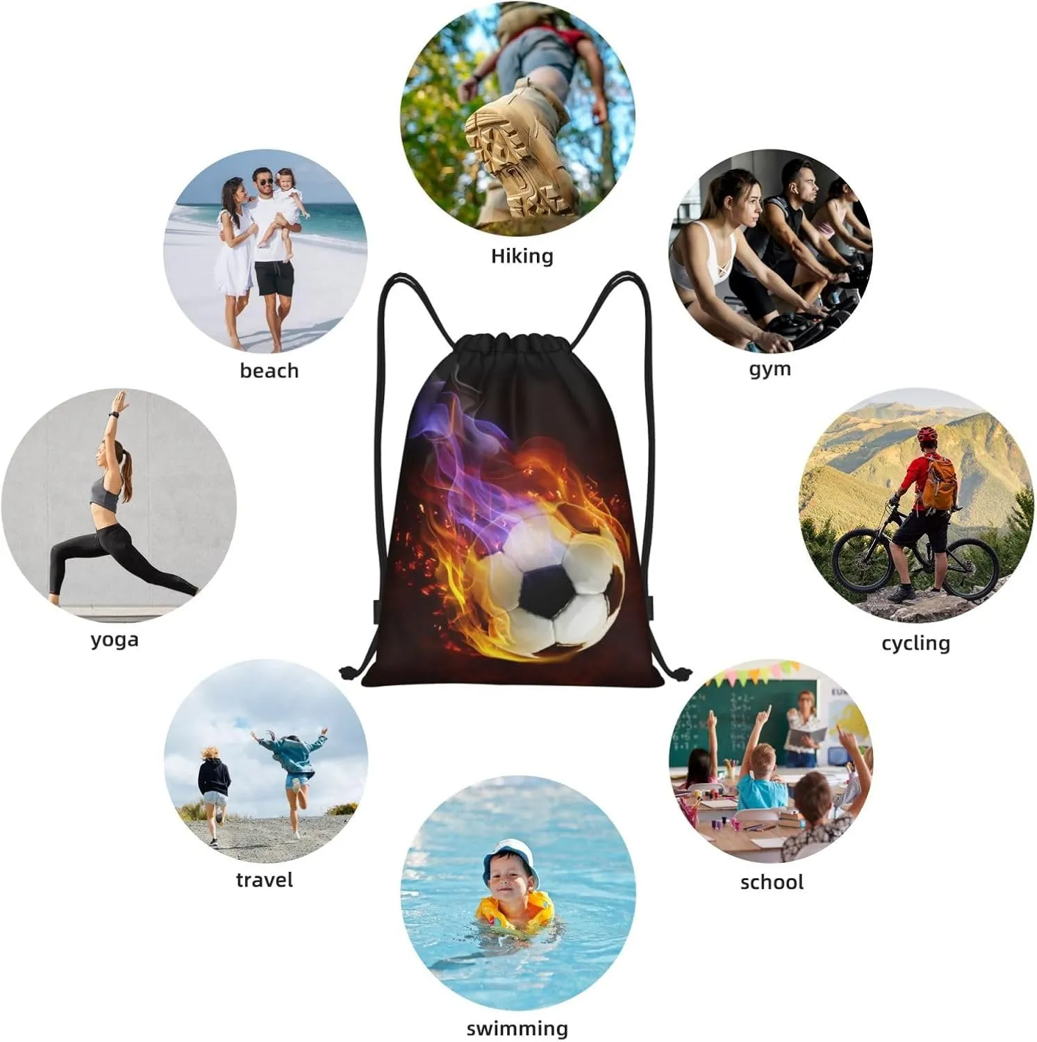 Boys Drawstring Bags with Fire Soccer Ball, Cool Sports Drawstring Backpack for Teens Boys Girls Adults Women Men, Black Daypack Bag for Work Gym Swim Travel Hiking School, Medium
