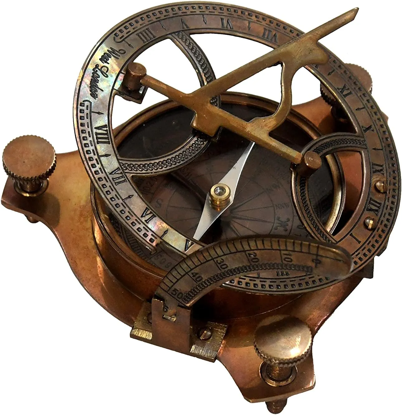 Brass Sundial Compass - 4.5 Inch Brown Antique West London Compass - Vintage Navigation Tool