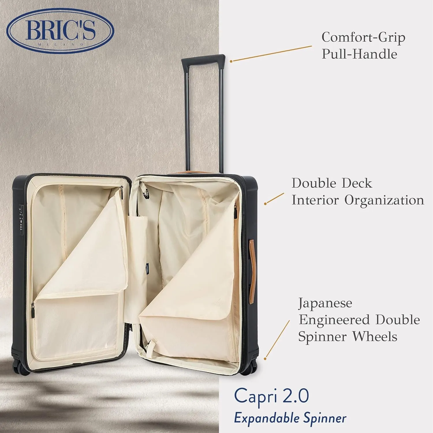 Bric's Capri 2.0 27"-Inch Spinner - Expandable Luxury Carry On Luggage With Spinner Wheels - Lightweight Carry On Suitcases with Wheels Made From Durable Polycarbonate - Matte Black