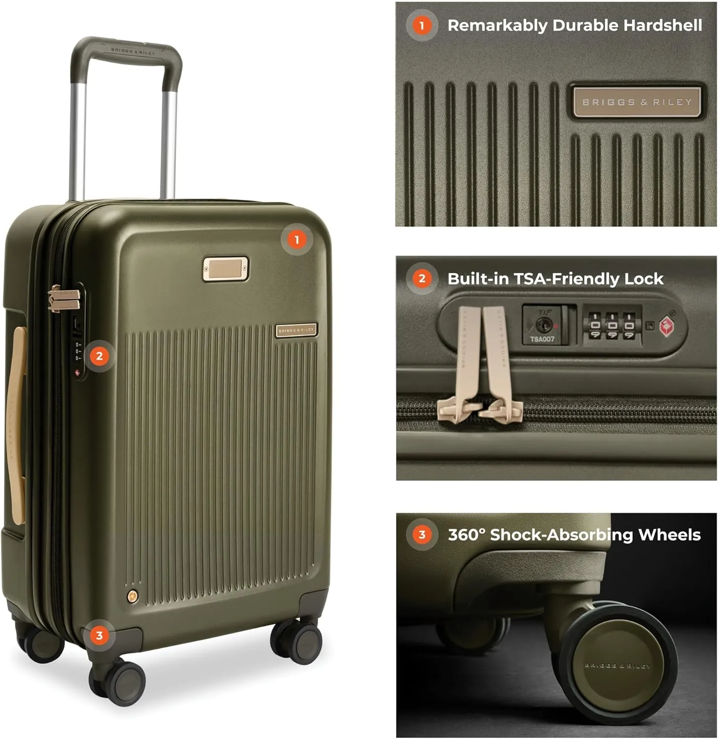 Briggs & Riley Essential 22" Carry On Expandable Spinner - Luggage for Travel, Suitcases with Wheels, Hardside Rolling Bag for Men & Women, Self-Repairing Zipper - Sympatico Collection, Olive