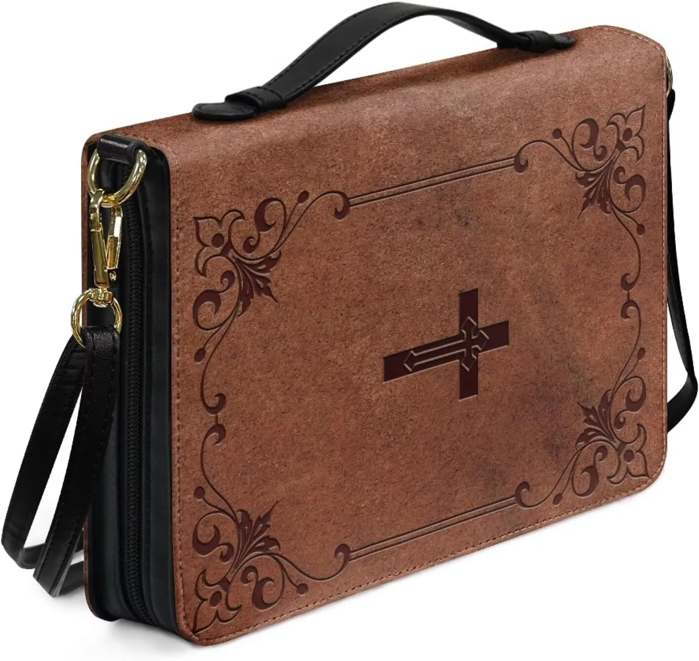 Brown Cross Floral Bible Cover Lightweight Bible Case Waterproof Study Scripture Bag with Zipper Pocket Bible Organizer Case Bible Journaling Supplies, 2XL