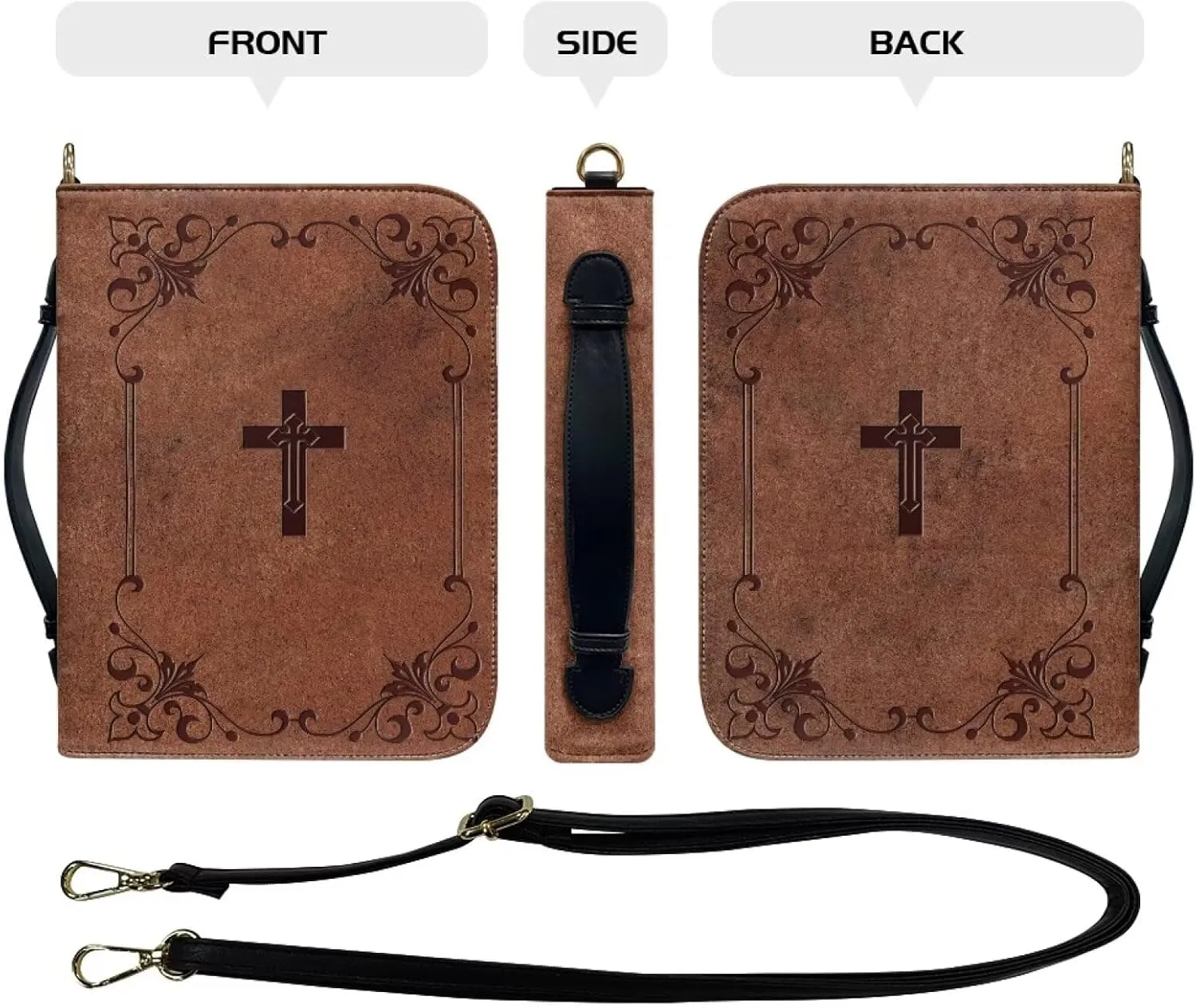 Brown Cross Floral Bible Cover Lightweight Bible Case Waterproof Study Scripture Bag with Zipper Pocket Bible Organizer Case Bible Journaling Supplies, 2XL