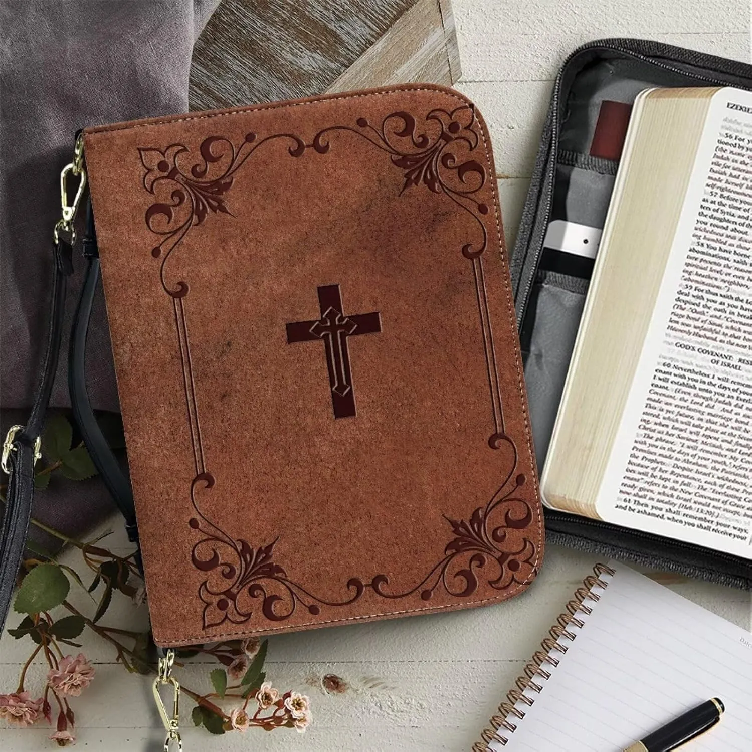 Brown Cross Floral Bible Cover Lightweight Bible Case Waterproof Study Scripture Bag with Zipper Pocket Bible Organizer Case Bible Journaling Supplies, 2XL