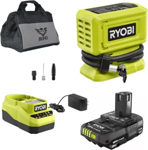Buho Cordless Inflator Accessory Bundle - Ryobi 18 Volt High Pressure Inflator 2.0 Ah Battery 18V Charger Tool Bag for Tires and Inflatables