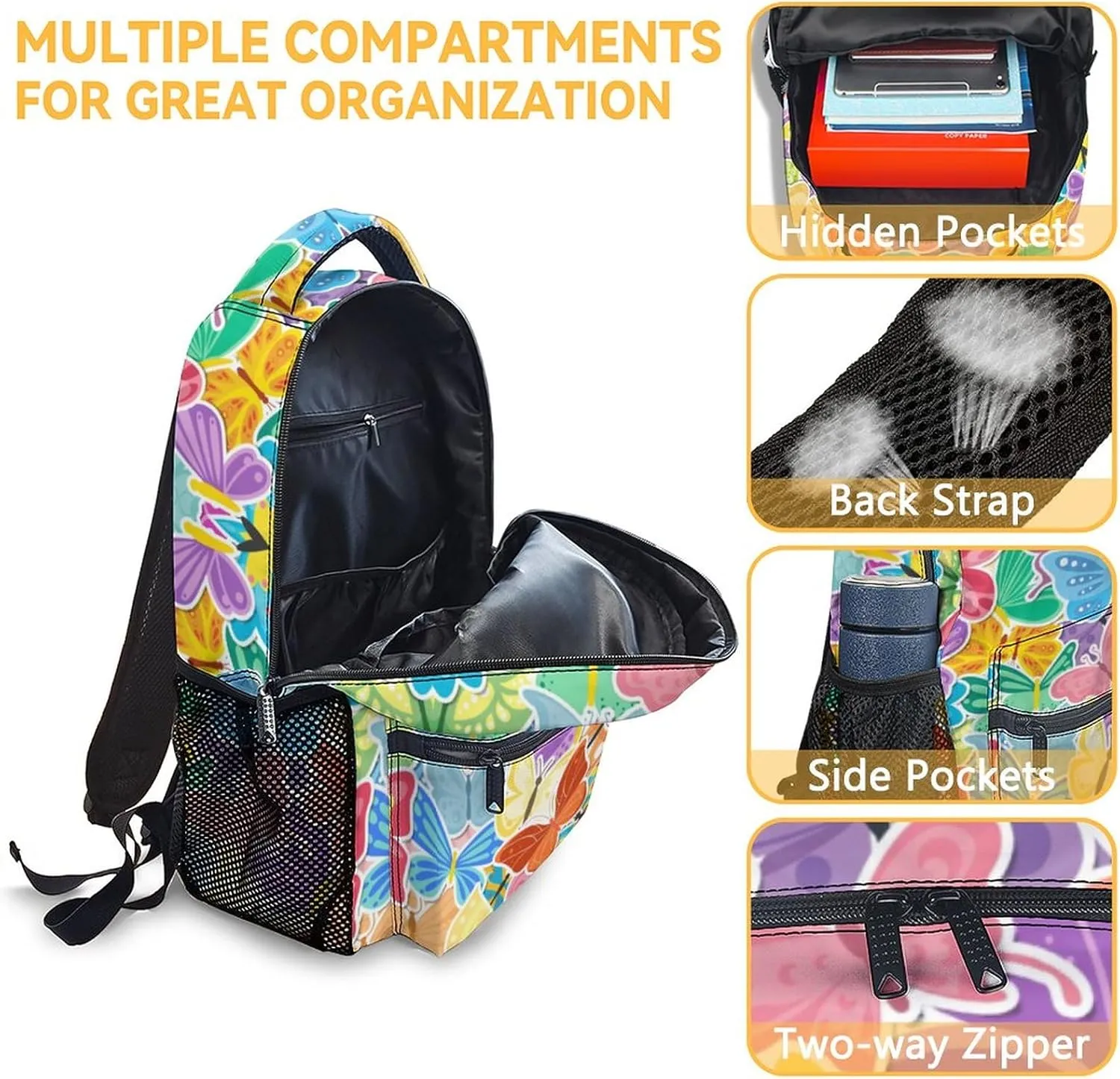 Butterfly Backpack for Girls Boys, 16 Inch Colorful Backpacks for School, Cute Lightweight Durable Bookbags for Kids