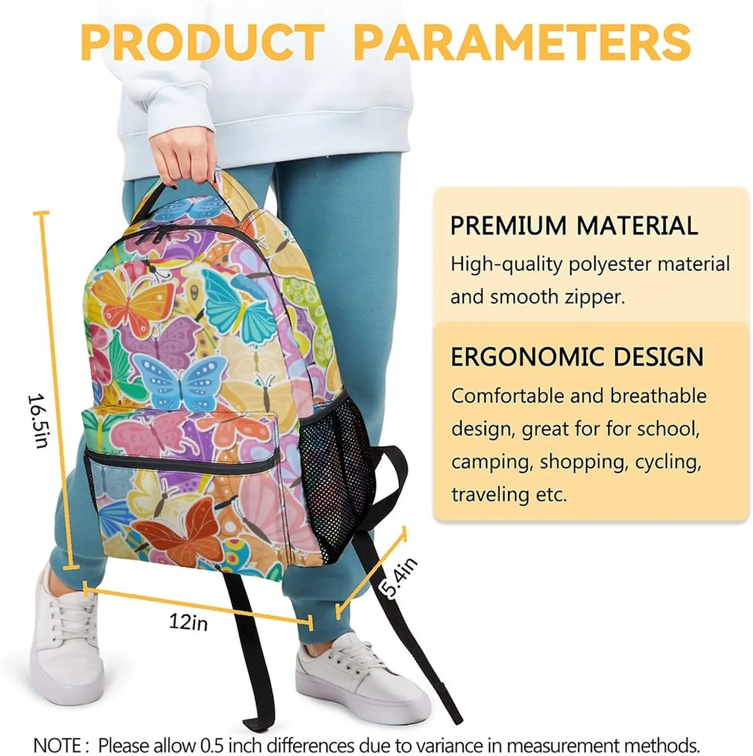 Butterfly Backpack for Girls Boys, 16 Inch Colorful Backpacks for School, Cute Lightweight Durable Bookbags for Kids