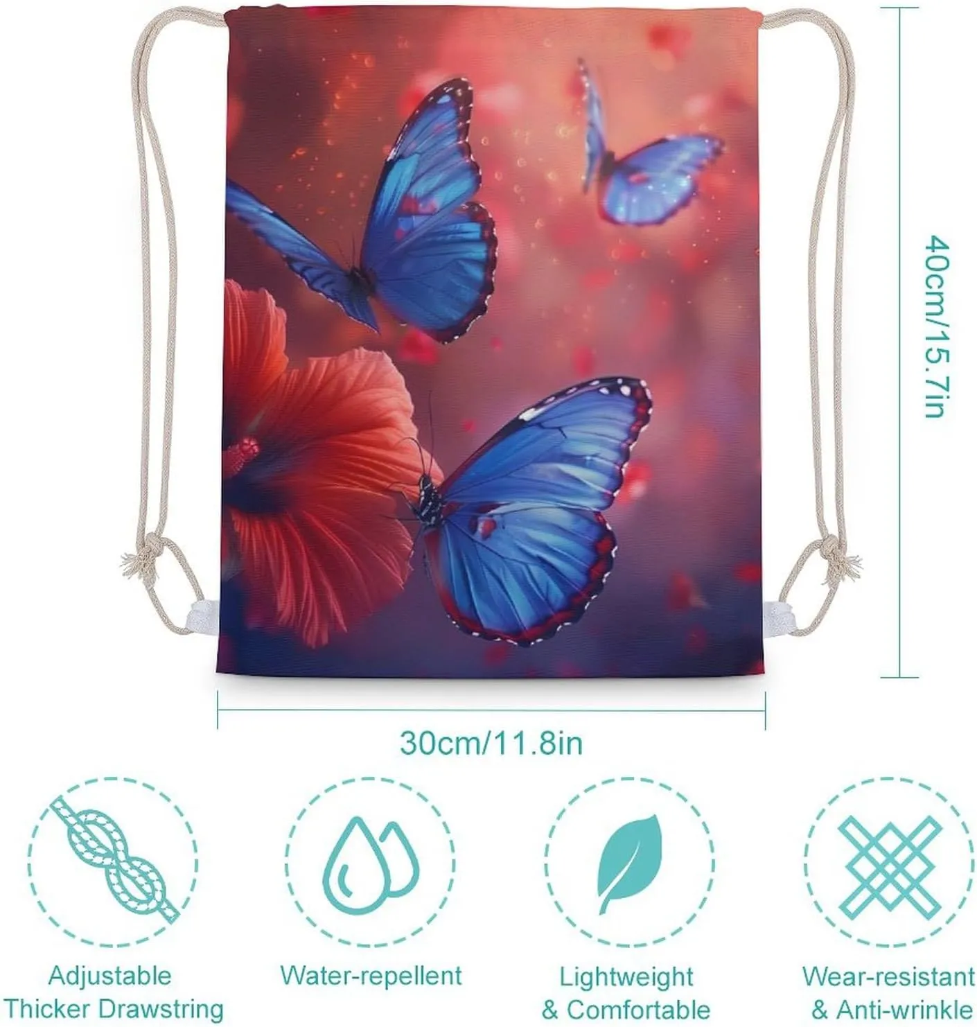 Butterfly Insect Animal Drawstring Backpack Canvas Double Shoulder Bag String Bag Sports Gym Bag for Men Women 30x40cm