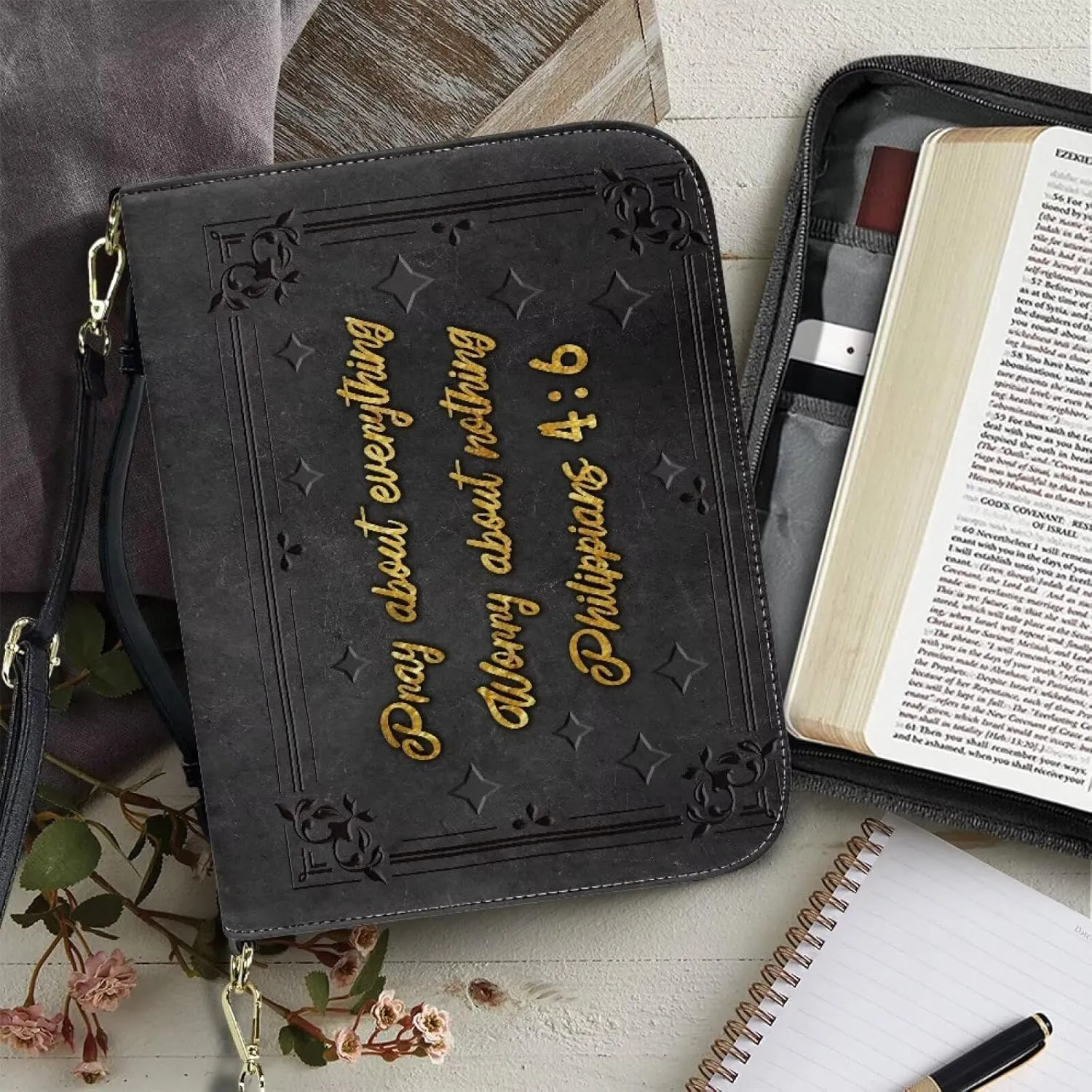 Butterfly Print Bible Cover Pray About Everthing Bible Holder Case Handbag with Adjustable Shoulder Strap Large Capacity Tote Bag Study Bible Carrying Cases Christian Gifts, L