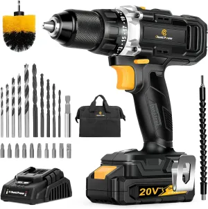 C P CHANTPOWER Cordless Drill 20V MAX Lithium-ion Drill Driver Set with Fast Charger, 1/2” (13 mm) Matal Chuck, 23 1 Clutch, Dual Speed for Drilling Wood, Metal, Canvas Bag, Flexible Shafts Included