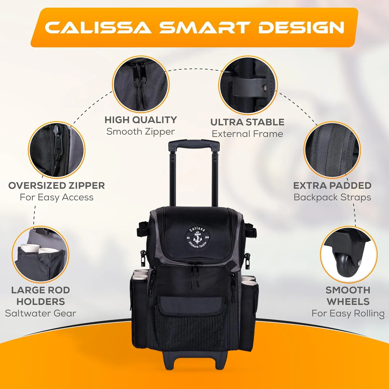 Calissa Offshore Rolling Fishing Tackle Box with Wheels, Waterproof Fishing Backpack with Rod Holders Storage Bag Roller