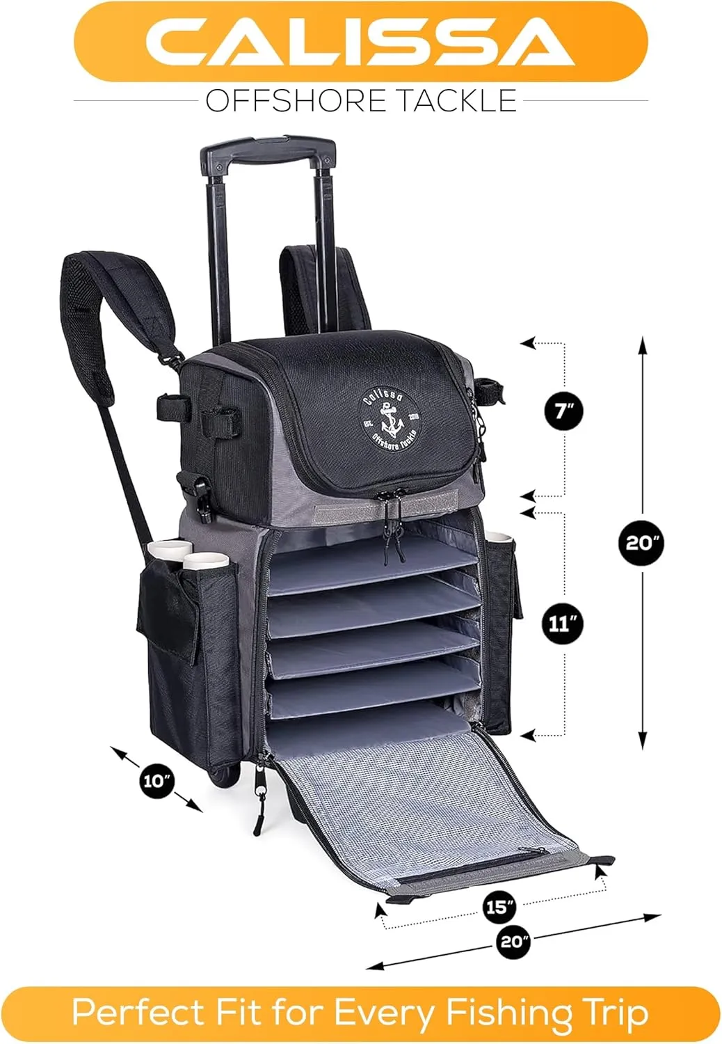 Calissa Offshore Rolling Fishing Tackle Box with Wheels, Waterproof Fishing Backpack with Rod Holders Storage Bag Roller