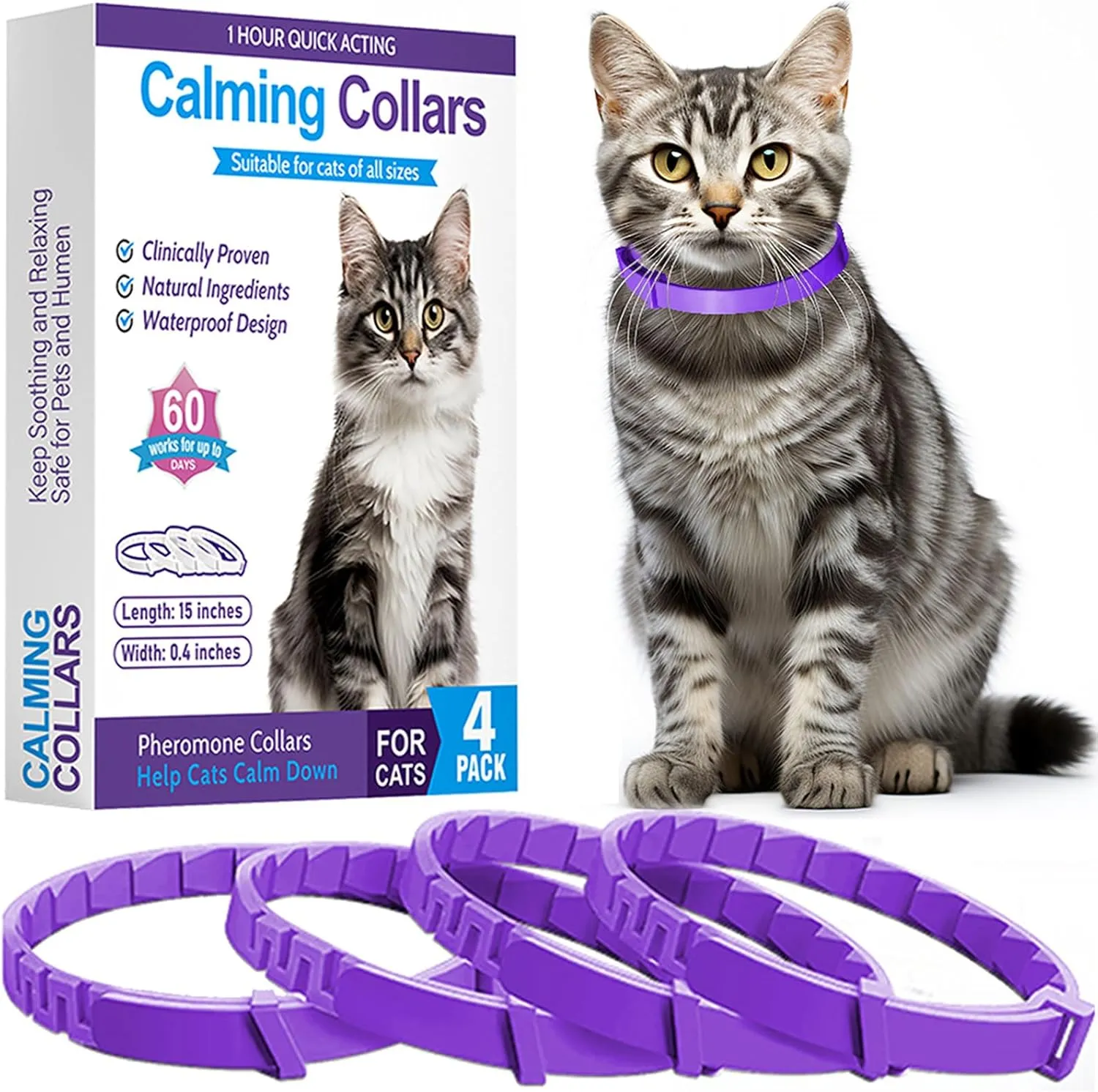 Calming Collar 4 Pack, Adjustable for Small to Large Cats, Anxiety Relief Pheromones (Purple)