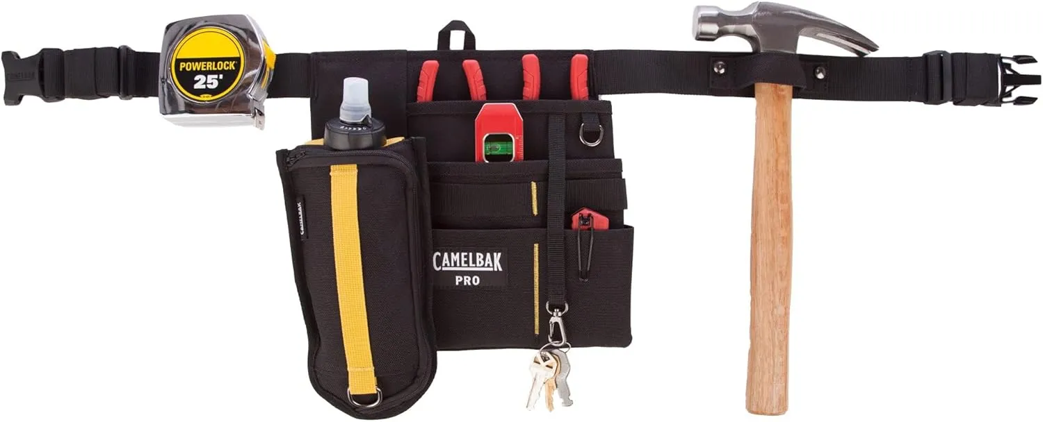 CamelBak 17 Oz Multi Rugged 1200D Poly Canvas Tool Belt with Adjustable Strap and Clip Flask, Black, 4-Pockets