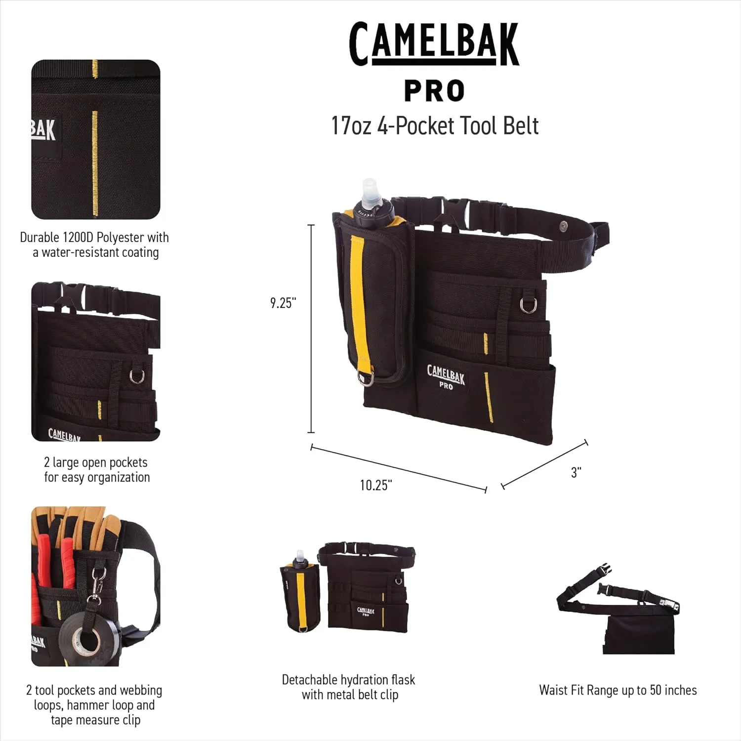 CamelBak 17 Oz Multi Rugged 1200D Poly Canvas Tool Belt with Adjustable Strap and Clip Flask, Black, 4-Pockets
