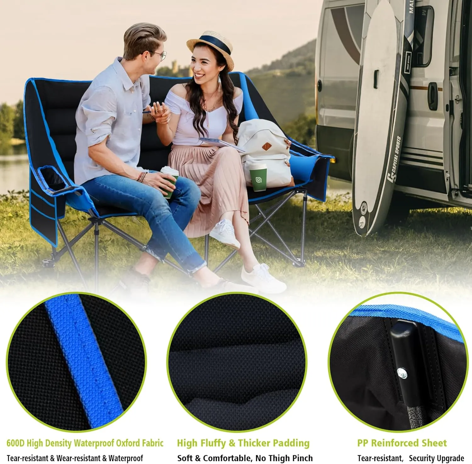 Camping Chairs Oversized Camping Chair Portable Double Camping Chair for Adults Heavy Duty Folding Chair Support 700LBS with Cup Holders & Large Side Organizer Pockets for Camping/Car Trunk/Campfires