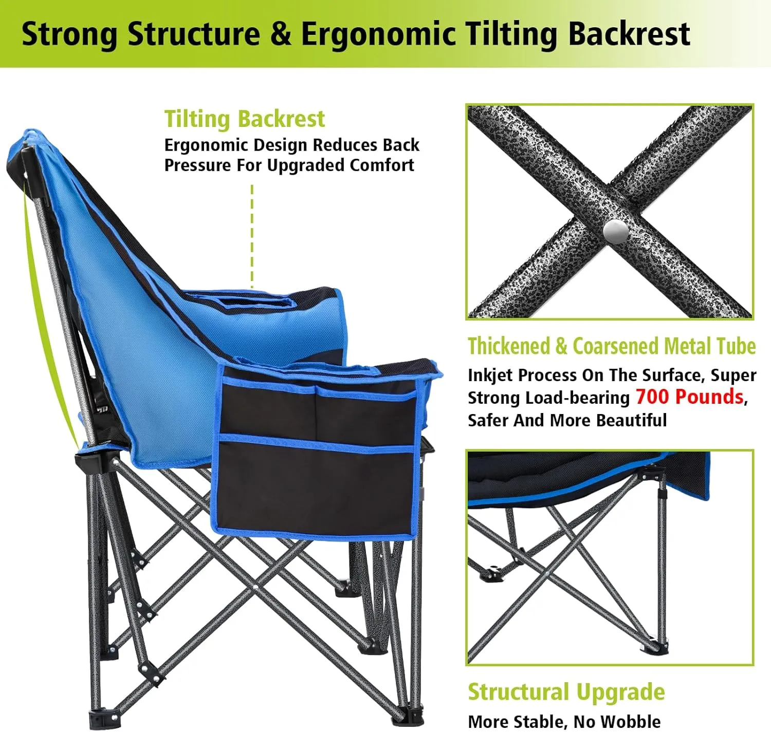 Camping Chairs Oversized Camping Chair Portable Double Camping Chair for Adults Heavy Duty Folding Chair Support 700LBS with Cup Holders & Large Side Organizer Pockets for Camping/Car Trunk/Campfires
