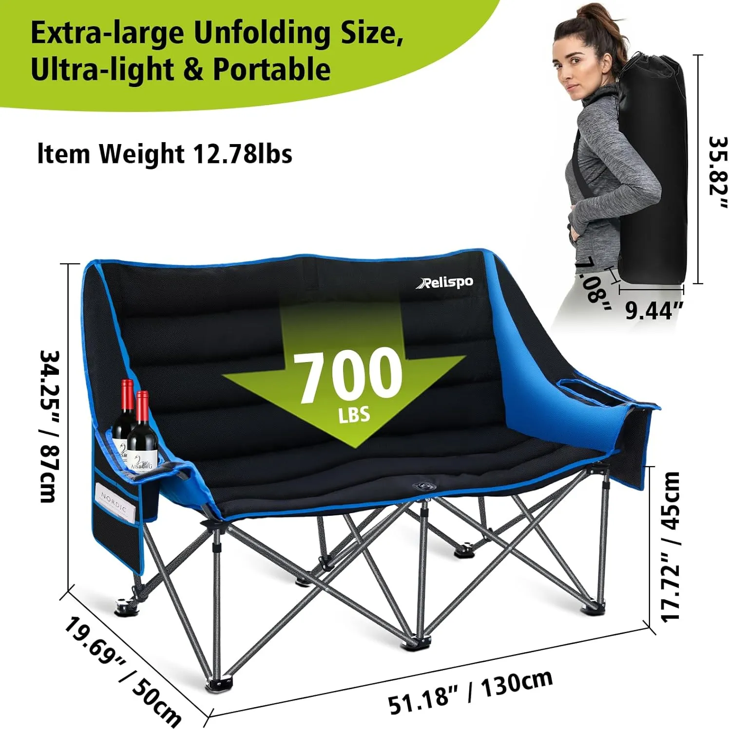 Camping Chairs Oversized Camping Chair Portable Double Camping Chair for Adults Heavy Duty Folding Chair Support 700LBS with Cup Holders & Large Side Organizer Pockets for Camping/Car Trunk/Campfires
