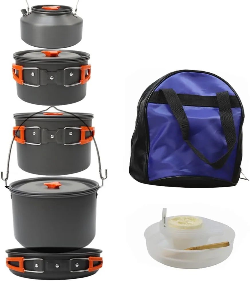 Camping Cookware Set Portable Outdoor Dishes & Utensils for 5-8 Person Aluminum Pot Set with Boiling Kettle Frying Pan & Dinnerware Picnic Tableware