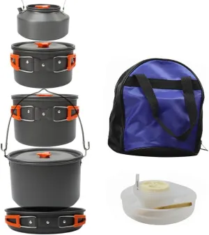 Camping Cookware Set Portable Outdoor Dishes & Utensils for 5-8 Person Aluminum Pot Set with Boiling Kettle Frying Pan & Dinnerware Picnic Tableware