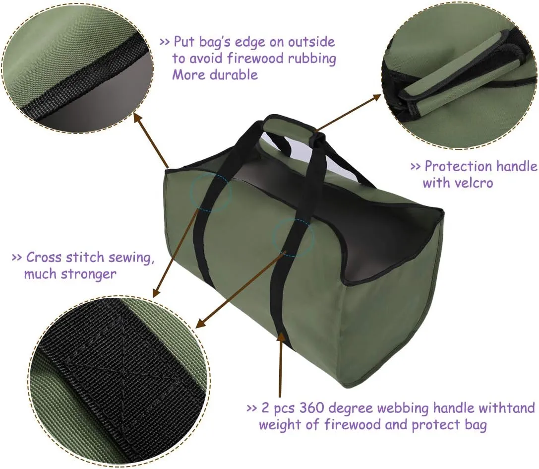 Canvas Firewood Tote Bag Extra Large Durable Ideal for Fireplaces Wood Stoves Logs Camping Landscaping (1pcs, GREEN)