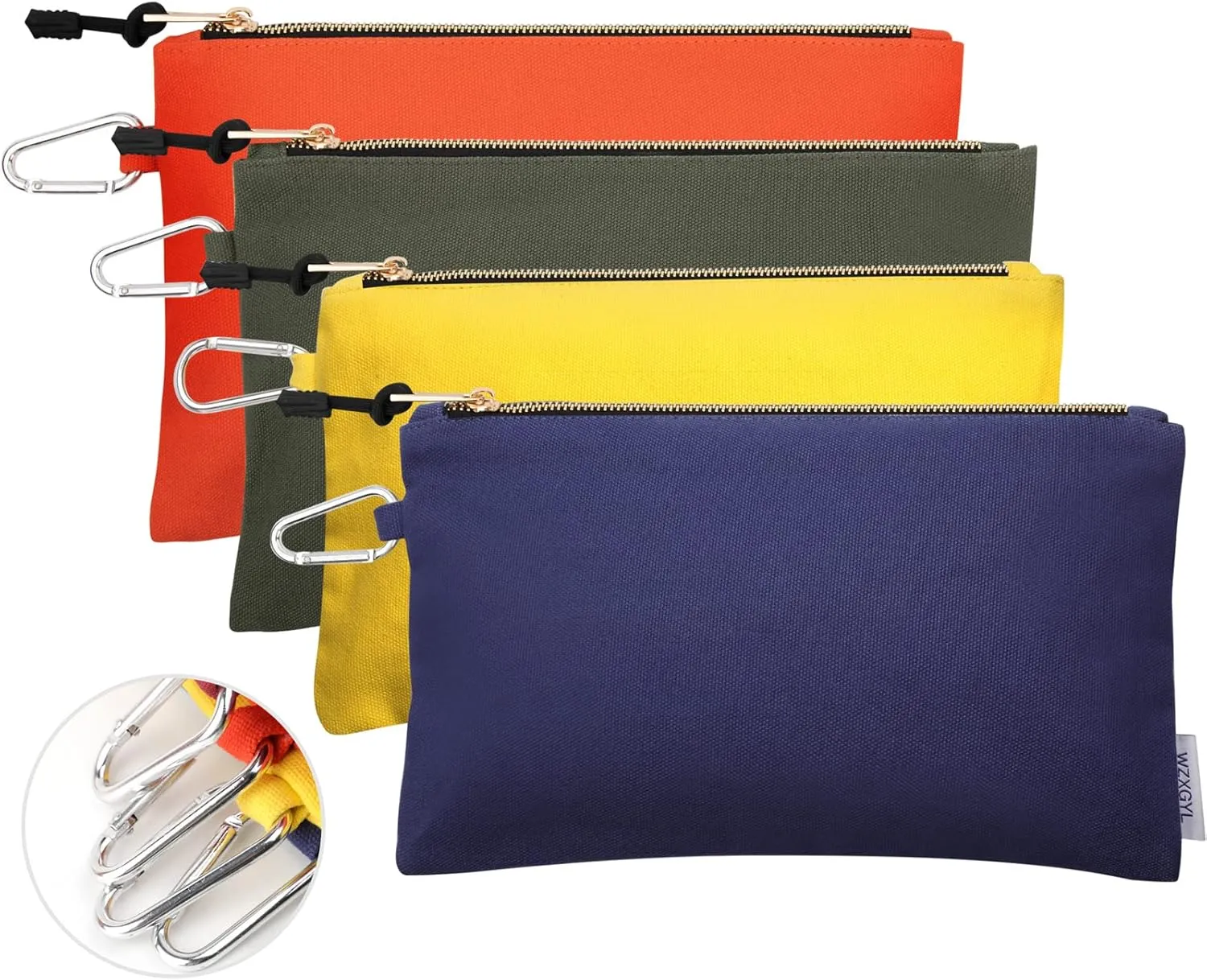 Canvas Tool Pouch Zipper Bags,16OZ(A) Utility Bags Heavy Duty Tools Pouch with Carabiner, 12 * 7 Inch Multipurpose Durable Storage Organizer Tote Bags,4 Pack