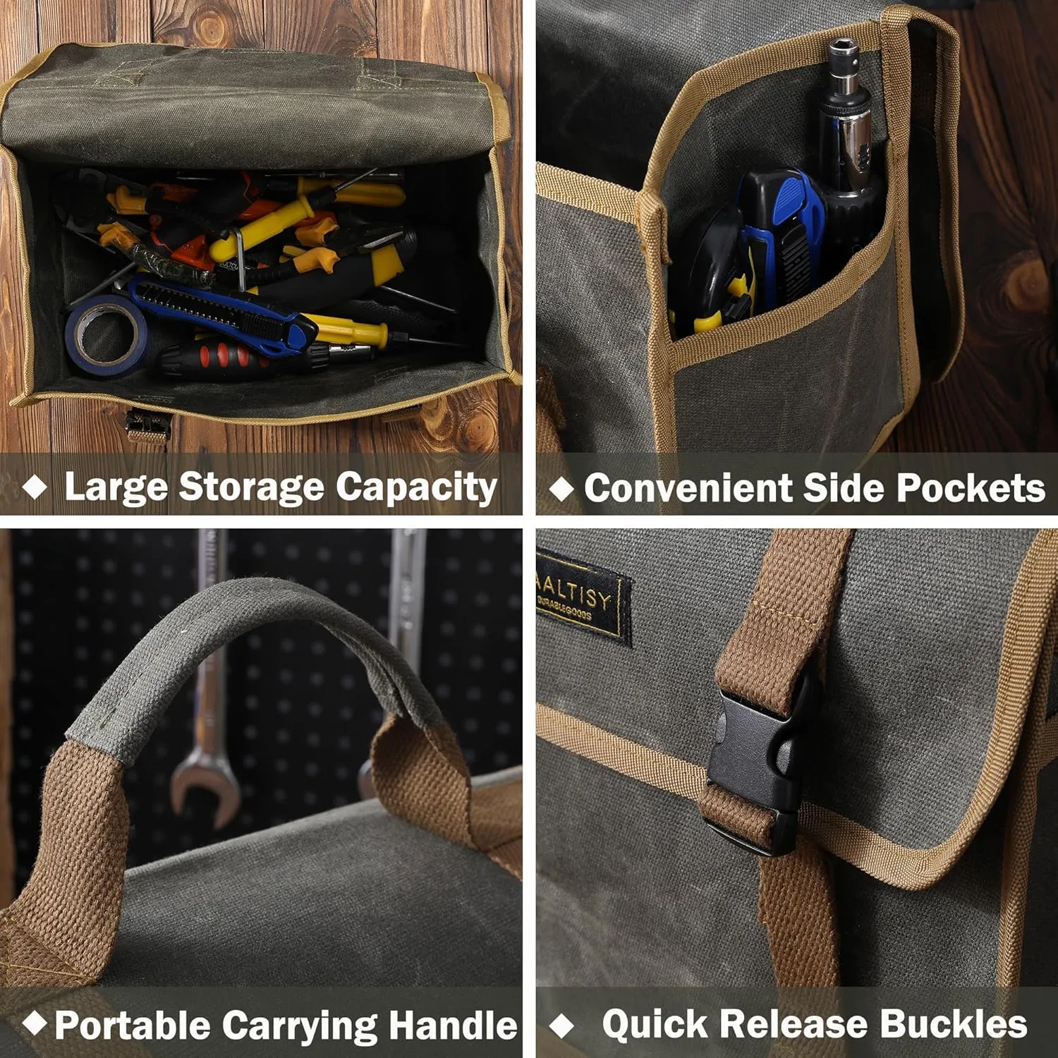 Canvas Tool Tote Bag | 16OZ Waxed Canvas Hand Tools Carrying Bag, Portable Tool Storage Bag with 1 Large Pocket   2 Side Pockets - for Mechanics Truck Drivers Craftsman | Army Green