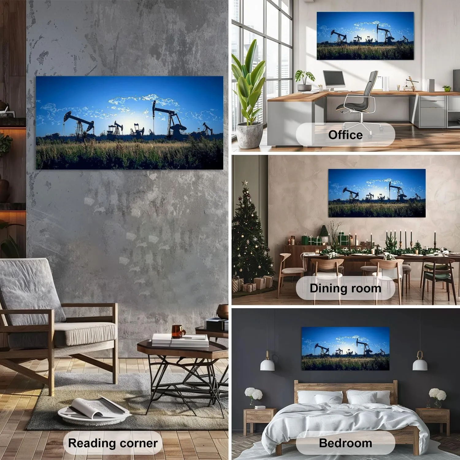 Canvas Wall Art Silhouette oil rigs Framed Artwork Landscape Wall Paintings Modern Wall Decor Ready to Hang Posters for Living Room Bedroom 20"x40"