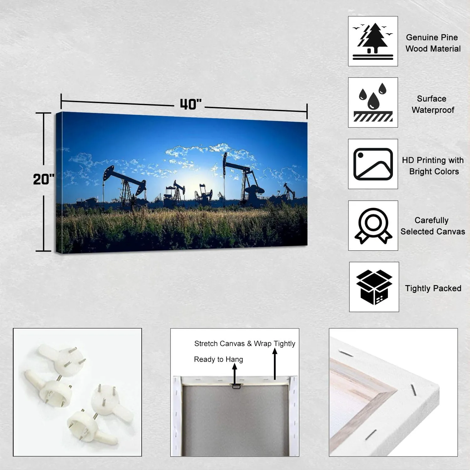 Canvas Wall Art Silhouette oil rigs Framed Artwork Landscape Wall Paintings Modern Wall Decor Ready to Hang Posters for Living Room Bedroom 20"x40"