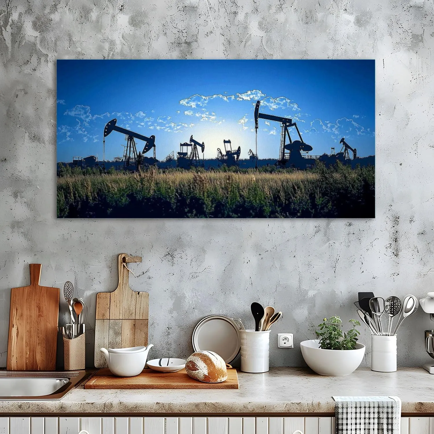 Canvas Wall Art Silhouette oil rigs Framed Artwork Landscape Wall Paintings Modern Wall Decor Ready to Hang Posters for Living Room Bedroom 20"x40"