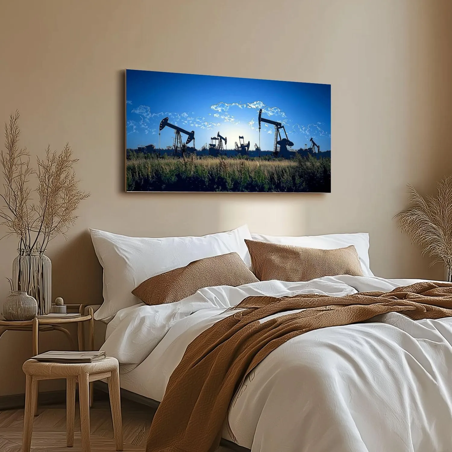 Canvas Wall Art Silhouette oil rigs Framed Artwork Landscape Wall Paintings Modern Wall Decor Ready to Hang Posters for Living Room Bedroom 20"x40"
