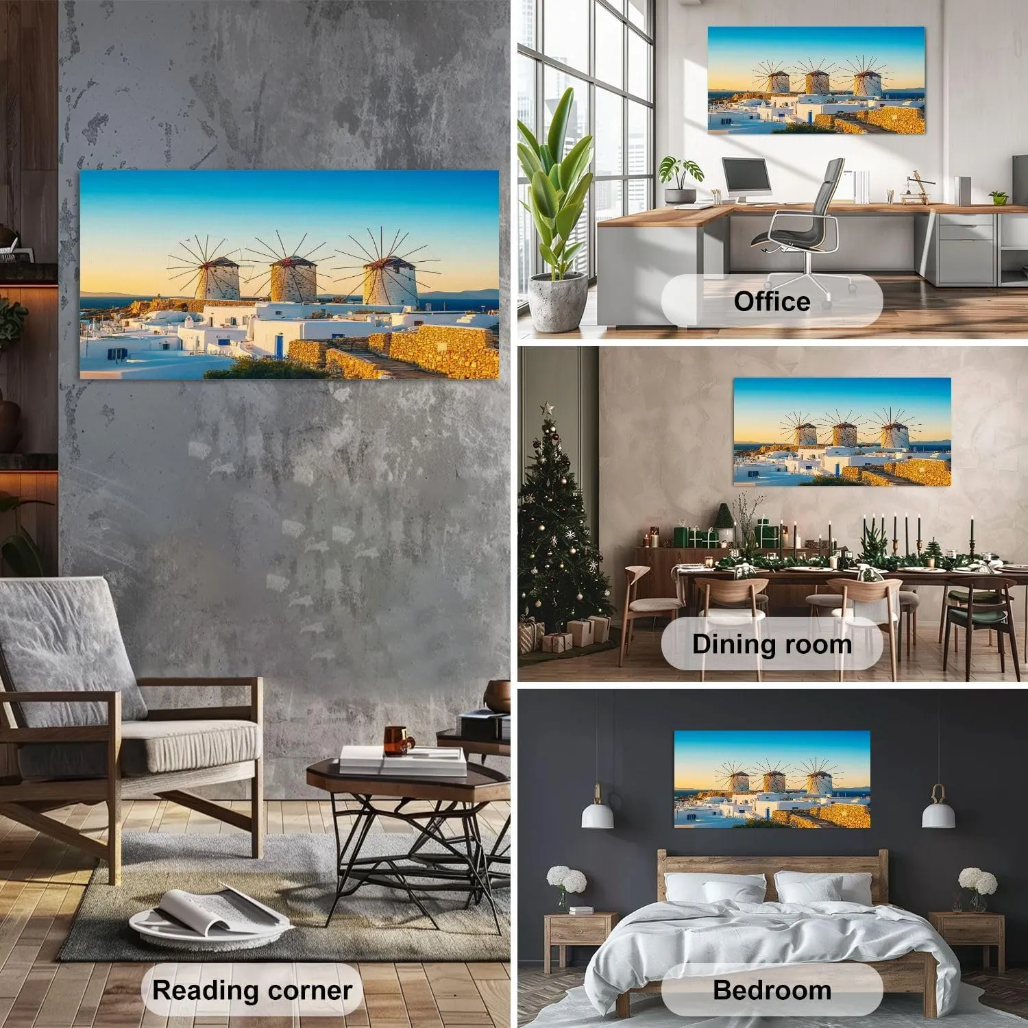 Canvas Wall Art Windmills Mykonos town Mykonos island Greece Framed Artwork Landscape Wall Paintings Modern Wall Decor Ready to Hang Posters for Living Room Bedroom 20"x40"