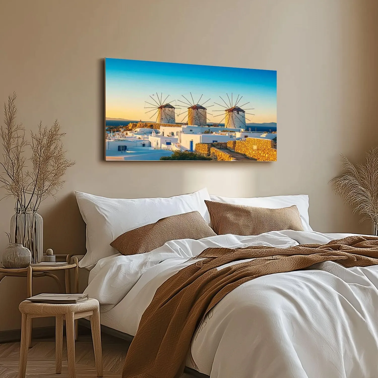 Canvas Wall Art Windmills Mykonos town Mykonos island Greece Framed Artwork Landscape Wall Paintings Modern Wall Decor Ready to Hang Posters for Living Room Bedroom 20"x40"