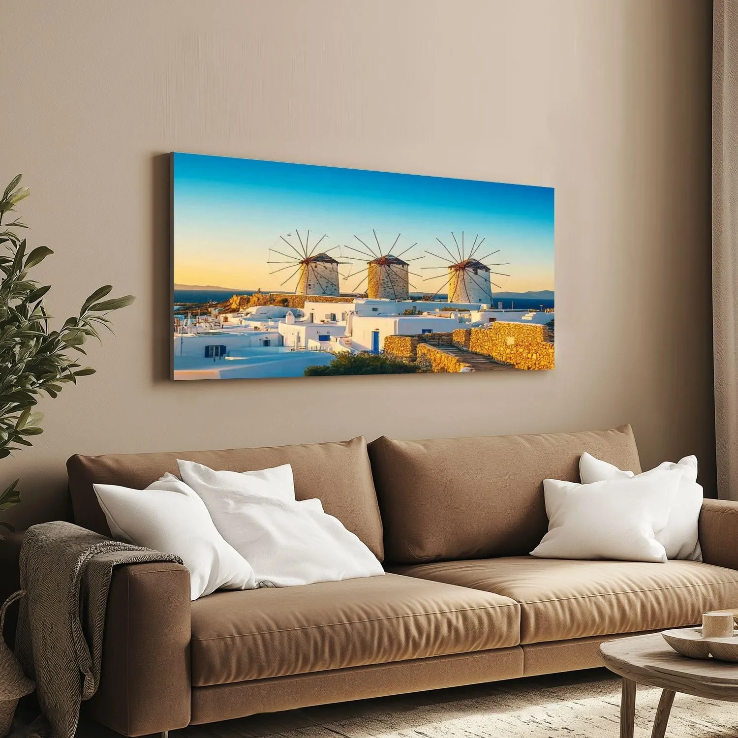 Canvas Wall Art Windmills Mykonos town Mykonos island Greece Framed Artwork Landscape Wall Paintings Modern Wall Decor Ready to Hang Posters for Living Room Bedroom 20"x40"